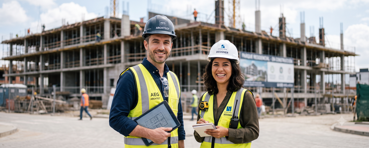 Foto de arquitecto con diseñadora en proyecto 