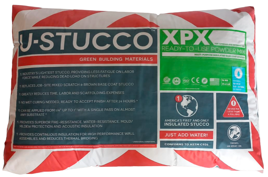 U-STUCCOtm - Único Estuco TODO-EN-UNO: Alta Aislación Térmica y Resistencia al Fuego, Hidrófugo (repelente de Agua), Alta Respirabilidad para manejo de Humedad, Ruidos y más.