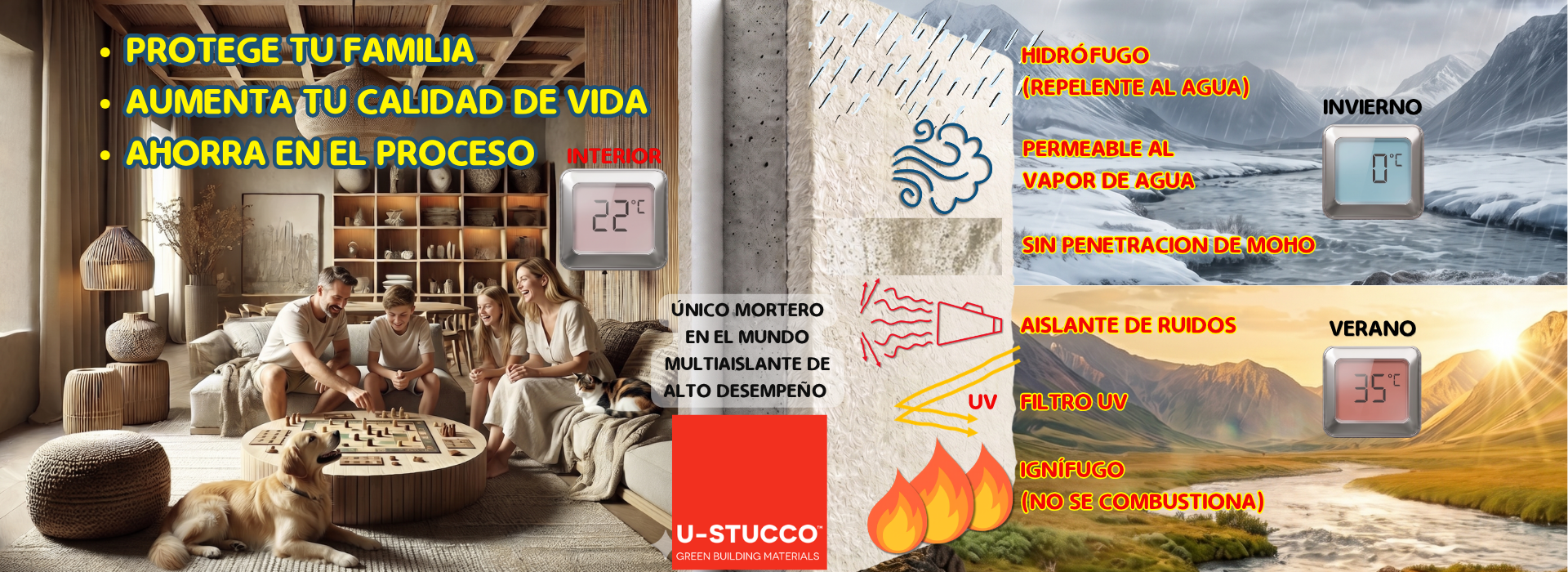 Imagen con todas las protecciones que otorga el estuco termico USTUCCO para una familia en su espacio habitable
